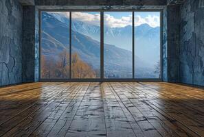 AI generated a room with a view of mountains and a floor with wood photo