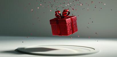 AI generated a red gift box is flying through a clear circular area gift box photo