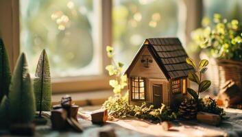 AI generated a small wooden home in front of a window with some wood and plants near it photo