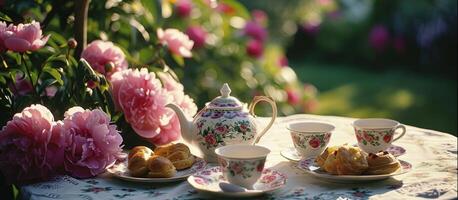 ai generado un té maceta y tazas sentar en un mesa cerca rosado peonías y pasteles foto