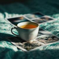 ai generado un pequeño taza de té soportes en un cama en frente de algunos imágenes foto