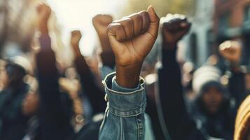 AI generated Multi-ethnic people raise their fists up in the air in a protest. photo