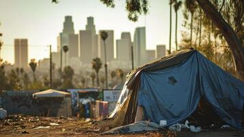 ai generado refugiado acampar abrigo para Vagabundo en frente de los angeles ciudad horizonte foto