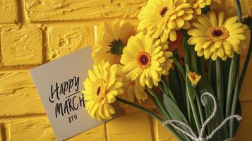 AI generated yellow brick background the painting of a greeting card Happy March 8th photo
