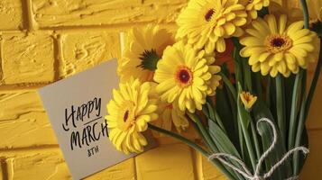 AI generated yellow brick background the painting of a greeting card Happy March 8th photo