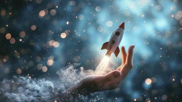 AI generated Cosmic Exploration. Space Rocket Launching from Womans Hand against Blue Blurry Background photo