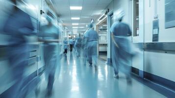 AI generated Long exposure blurred motion of medical doctors and nurses in a hospital ward wearing blue aprons, walking down a corridor photo