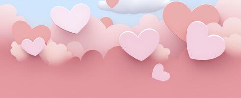 ai generado contento san valentin día antecedentes con papel cortar estilo rosado nubes y corazones foto