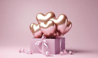AI generated Golden heart shaped balloons in a pink box photo