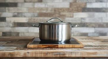 AI generated an iron pot on top of a wooden surface in a kitchen photo