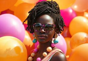 ai generado atractivo mujer vistiendo Gafas de sol con vistoso globos foto
