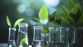 ai generado biotecnología concepto con verde planta hojas, laboratorio cristalería, y conductible investigación, ilustrando el poderoso combinación de naturaleza y Ciencias en médico avances foto