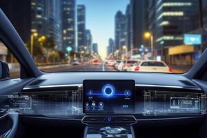 AI generated Modern smart car technology intelligent system using Heads up display HUD Autonomous self driving mode vehicle on city road with graphic sensor radar signal system intelligent car. photo