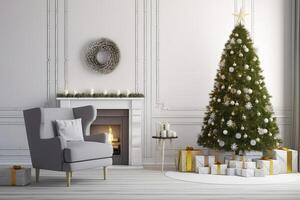 AI generated Modern Living Room With Fireplace, Christmas Tree, Gift Boxes And Armchair. AI Generated photo