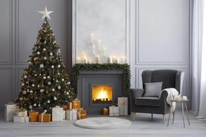 AI generated Modern Living Room With Fireplace, Christmas Tree, Gift Boxes And Armchair. AI Generated photo