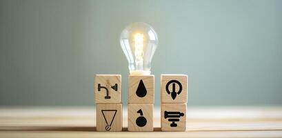 AI generated Creative idea, solution and innovation concept. Idea generation for business development. Wooden cube blocks with light bulb and cycle icons on clean background and copy space. photo