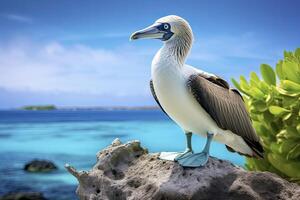 AI generated The rare blue-footed booby rests on the beach. AI Generated photo