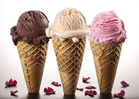 AI generated Chocolate, vanilla and strawberry Ice cream in the cone on white background. AI Generated photo