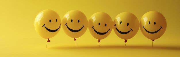 AI generated Smiley balloons sitting on a yellow background. photo