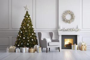 AI generated Modern Living Room With Fireplace, Christmas Tree, Gift Boxes And Armchair. AI Generated photo