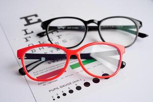 Glasses on eye exam chart to test eyesight accuracy of reading. photo