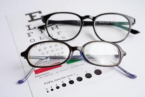 Glasses on eye exam chart to test eyesight accuracy of reading. photo