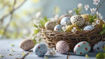 AI generated Painted Eggs with Flowers. Easter Banner with copy-space, featuring a Basket of Eggs on White Wood floor. photo