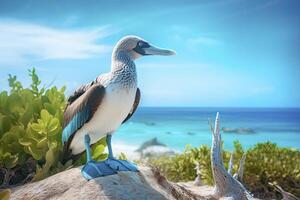 AI generated The rare blue-footed booby rests on the beach. AI Generated photo