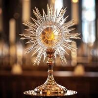 AI generated The golden monstrance with a little transparent crystal center, consecrated host. church defocused background. AI Generative photo