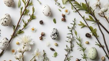 AI generated Flat lay easter composition with a willow branch and eggs on a white background photo