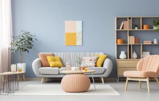 AI generated Beautiful modern living room with pastel blue wall photo