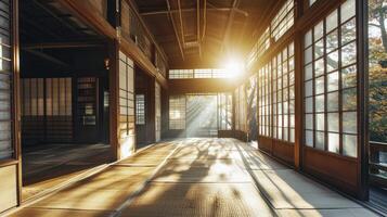 AI generated Traditional japanese empty room interior with tatami mats and sun light. photo