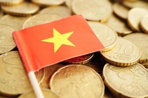 Vietnam flag on coins background, finance and accounting, banking concept. photo