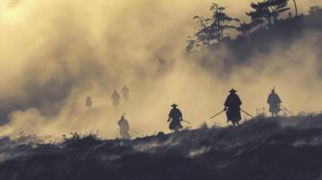 ai generado maravilloso amanecer escena en niebla con silueta samuráis en el histórico sekigahara campo de batalla, entregado en moderno tinta lavar estilo y apagado tonos foto