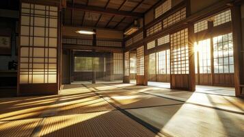 AI generated Traditional japanese empty room interior with tatami mats and sun light. photo