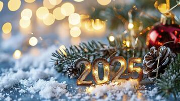 AI generated New year background with the numbers 2025 on the white ice light bokeh background photo