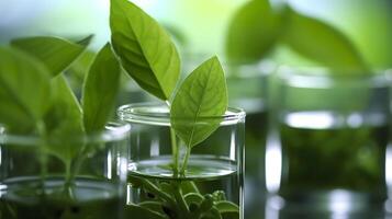 AI generated Biotechnology concept with green plant leaves, laboratory glassware, and conducting research, illustrating the powerful combination of nature and science in medical advancements. photo