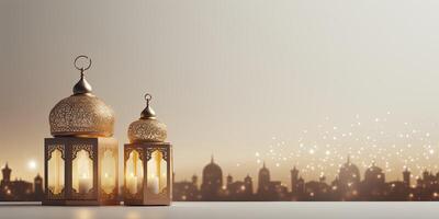 AI generated Celebration of islamic eid mubarak and eid al adha lantern in a light background. AI Generated photo