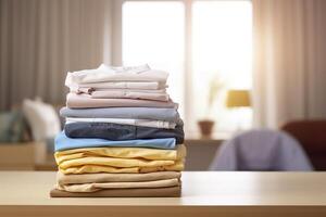 AI generated Stack of clean clothes on table in room. Generative AI photo