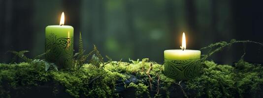 AI generated Burning candles on moss, dark green blurred the natural background. Magic candle. Generative AI photo