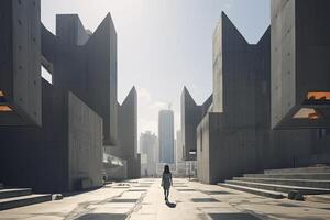 AI generated Woman walking in futuristic brutalist city street.  AI Generated. photo