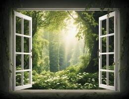 AI generated Modern house open window view forest background photo