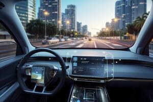 AI generated Modern smart car technology intelligent system using Heads up display HUD Autonomous self driving mode vehicle on city road with graphic sensor radar signal system intelligent car. photo