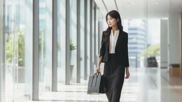 ai generado asiático mujer de negocios caminando fuera de oficina edificio con bolso foto