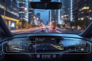 ai generado moderno inteligente coche tecnología inteligente sistema utilizando cabezas arriba monitor hud autónomo yo conducción modo vehículo en ciudad la carretera con gráfico sensor Radar señal sistema inteligente coche. foto