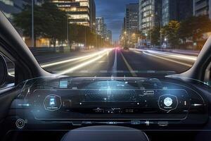 ai generado moderno inteligente coche tecnología inteligente sistema utilizando cabezas arriba monitor hud autónomo yo conducción modo vehículo en ciudad la carretera con gráfico sensor Radar señal sistema inteligente coche. foto