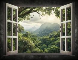 AI generated Modern house open window view forest background photo