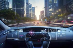 ai generado moderno inteligente coche tecnología inteligente sistema utilizando cabezas arriba monitor hud autónomo yo conducción modo vehículo en ciudad la carretera con gráfico sensor Radar señal sistema inteligente coche. foto