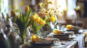 AI generated Yellow tulips at easter dining table photo