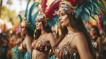 ai generado grupo de un sexy muchachas en un vistoso suntuoso carnaval pluma traje. foto